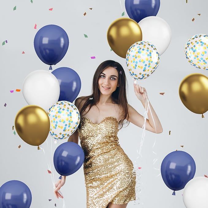 Navy Blue and Gold Balloons, 12 Inch Metallic Gold Blue Confetti Balloons White - Image 5