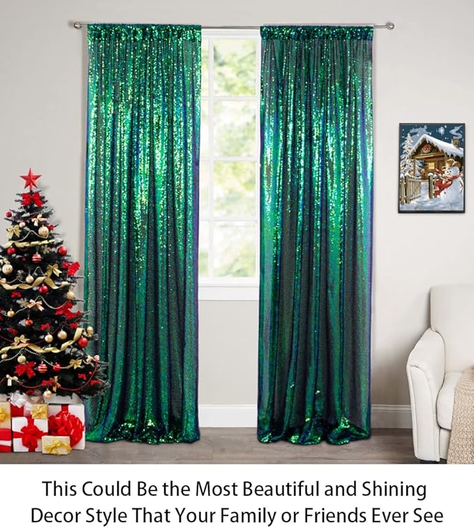 ShinyBeauty Sequin Curtains 2 Panels 2FTx8FT Iridescent Green Photo Booth - Image 3
