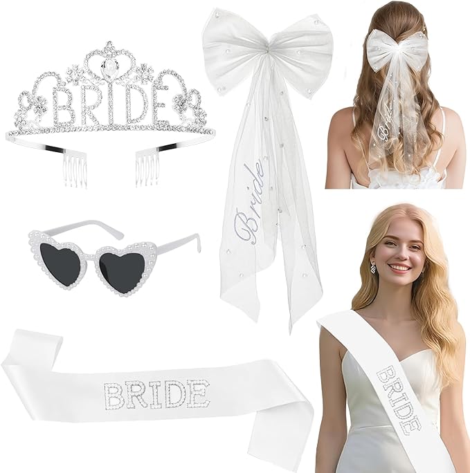 4 Pcs Bachelorette Party Decorations, BRIDE Crown, Pearl Bride Sash, Bride by Tasodin