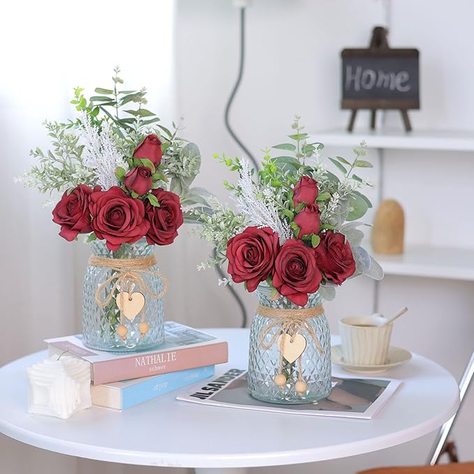 Faux Flowers with Vase, Artificial Silk Roses in Vase, Fake Plant Eucalyptus - Image 7