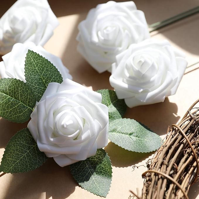 AmyHomie Artificial Flower White Rose 25pcs Real Looking Fake Roses w/Stem - Image 3