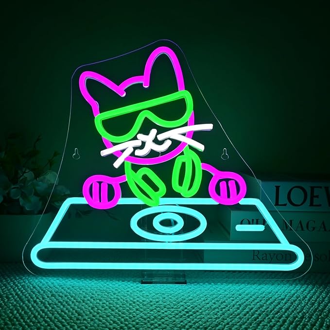Cool DJ Cat Neon Sign – LED Wall Light by Wanxing