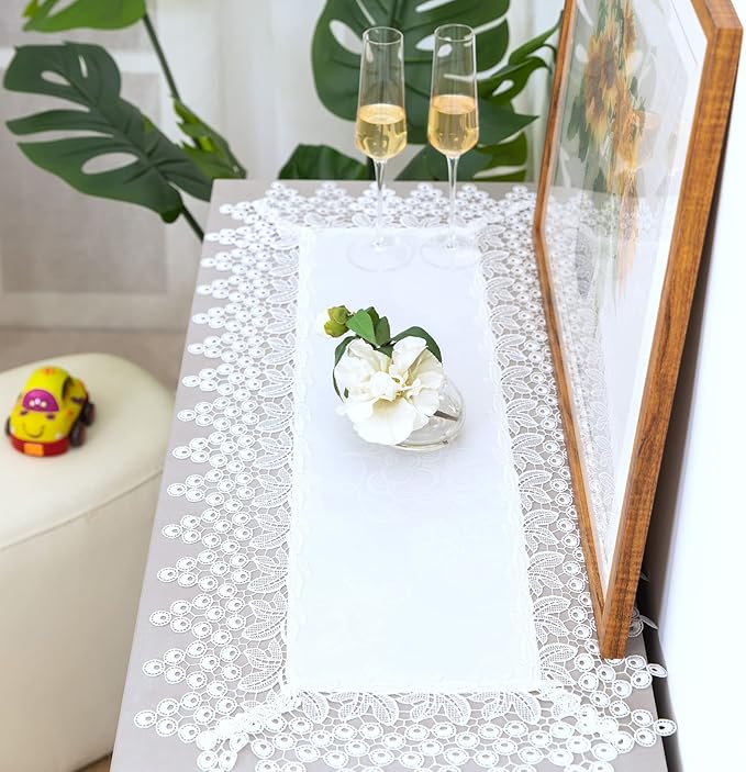 White lace Premium Rectangle Farmhouse Table Runner Waterproof OilProof by BrekSdat