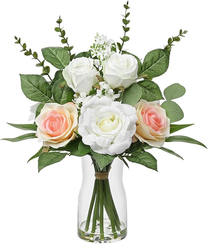 Hollyone Faux Flowers in Vase Artificial Silk Rose Flowers by Hollyone
