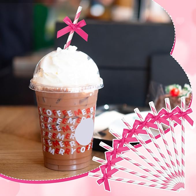 100 Pcs Rose Red Paper Straws for Drinking, Bow Disposable Striped Paper Straws - Image 7