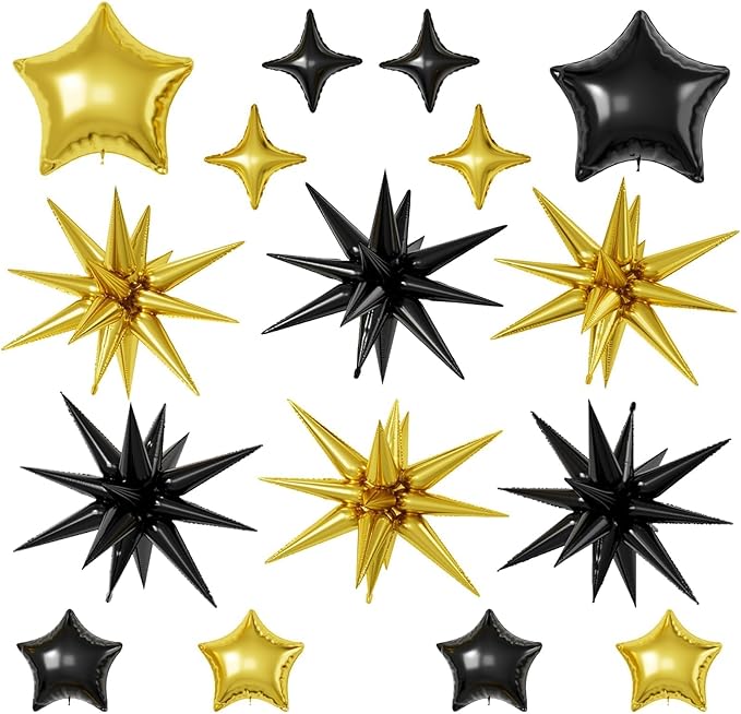16 Pcs Black Gold Star Balloons, 22/18/10 Inch Foil Balloons, Four-Pointed by Sowide