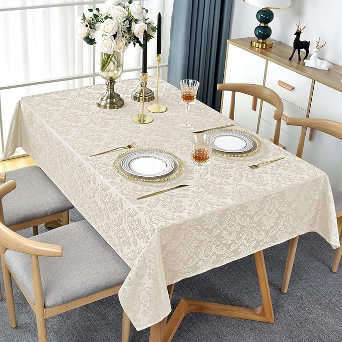 SASTYBALE Jacquard Tablecloth Rectangle 60 x 120 Inch Beige, Spill Proof Stain - Image 3