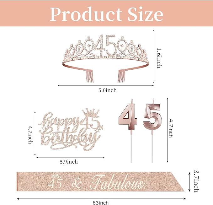 45 Birthday Decorations for Women Including Birthday Sash and Tiara, Cake - Image 3
