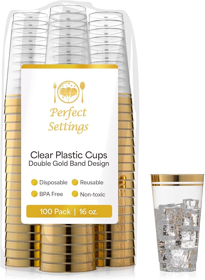 Perfect Settings Gold Rimmed Disposable Plastic Cups, Disposable Wedding Cups by PerfectSettings