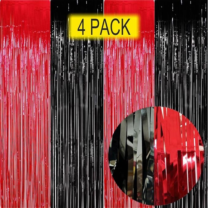 Red and Black Party Decorations- 4 Pack of 3.2x8.2ft Foil Fringe Curtains by EUFARS
