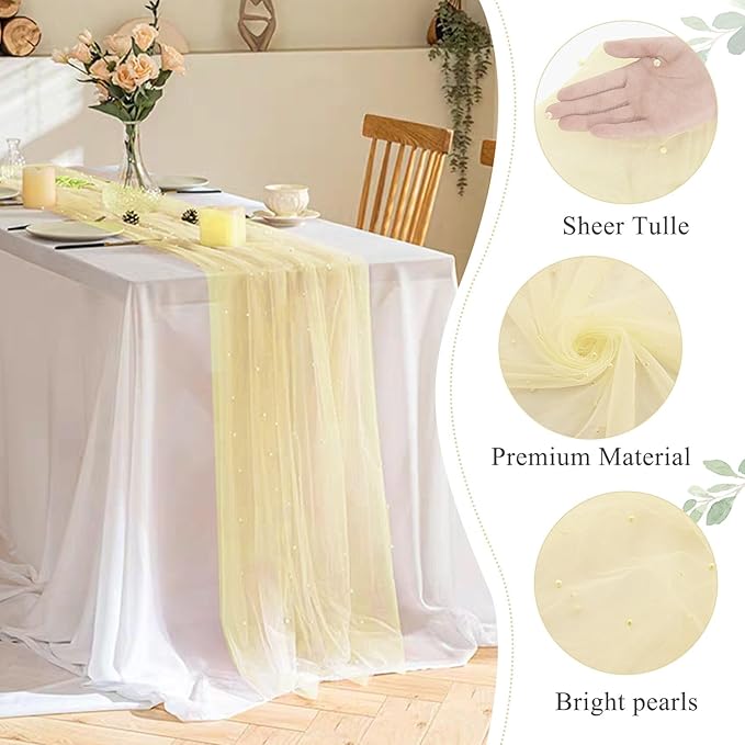 Set of 6 Pearl Table Runner 29 x 120 Inch Tulle Fabric Lace Table Runners Boho - Image 3