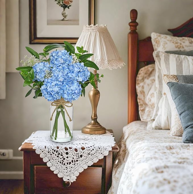 Hollyone Blue Hydrangea Artificial Flowers in Clear Glass Vase - Image 6