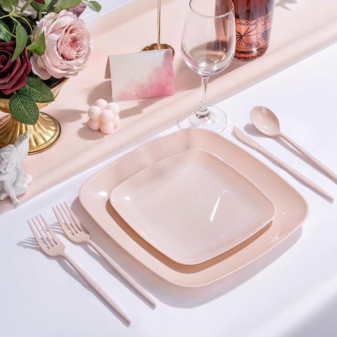 PULOTE 60PCS Pink Square Plastic Plates Disposable - Image 3
