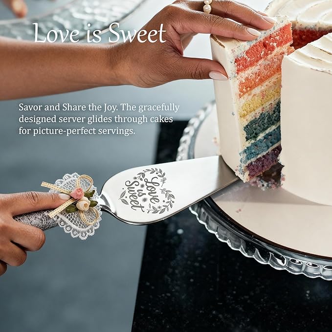 Wedding Cake Knife and Server Set – Rustic Lace Burlap Handle, Stainless Steel - Image 3