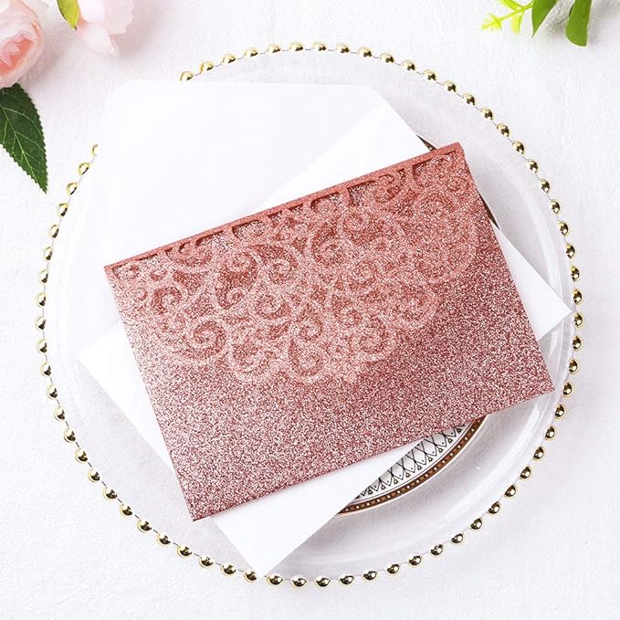 PONATIA 5.12 X 7.2 Rose Gold Glitter Wedding Invitations - Image 7