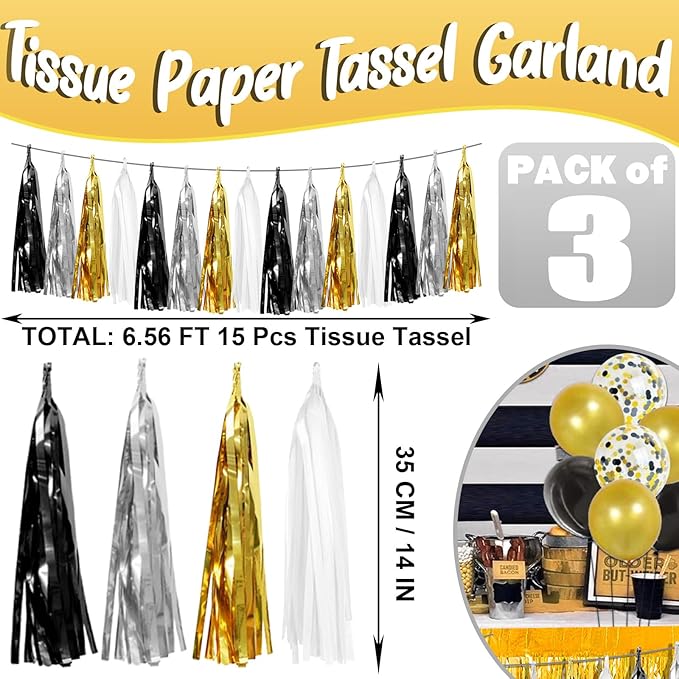 3P Black Gold Silver Foil Fringe Metallic Tassel Garland, Tassels Banner - Image 2