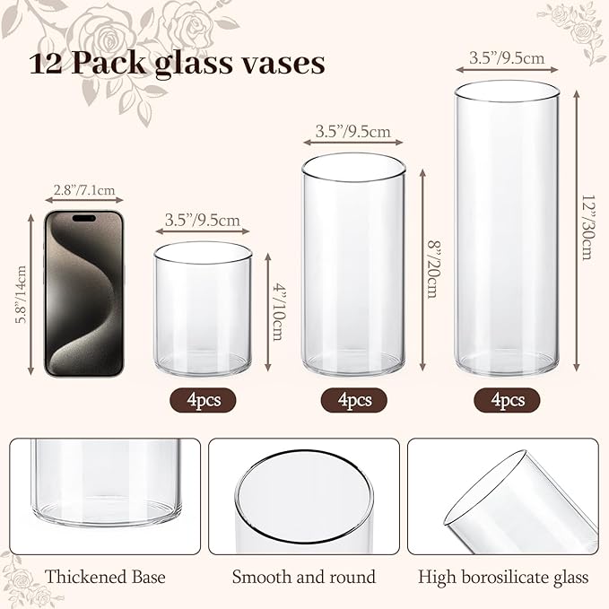 12 Pack Glass Cylinder Vases 4, 12 Inch Tall Clear Vases - Image 5