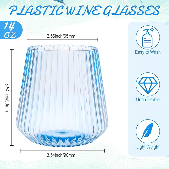 Suclain Plastic Wine Glasses Ribbed Stemless Wine Glasses 14oz Vertical Design - Image 2