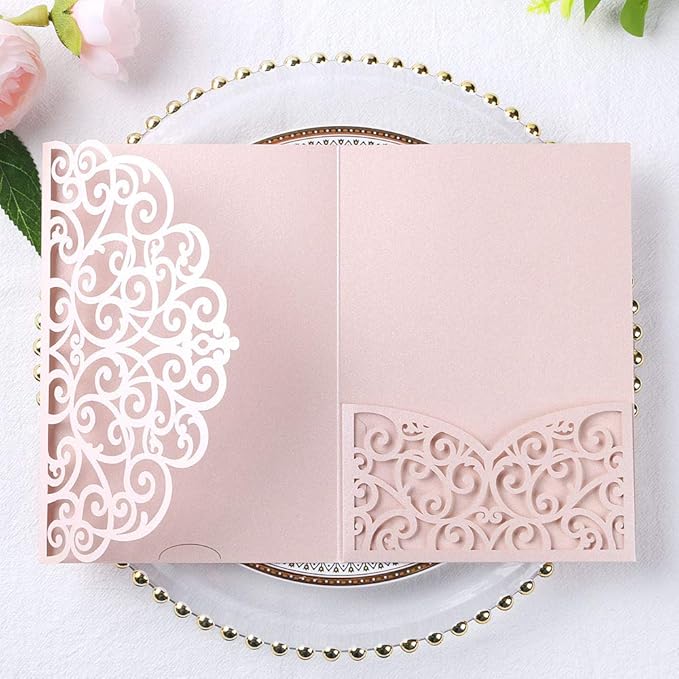 PONATIA 5.12 x 7.2 Inches 20PCS Tri-Fold Laser Cut Wedding Invitation Pocket by ponatia
