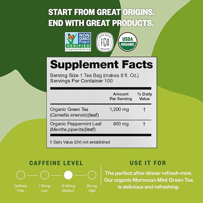 FGO Organic Moroccan Mint Green Tea, Eco-Conscious Tea Bags, Resealable Bag - Image 2