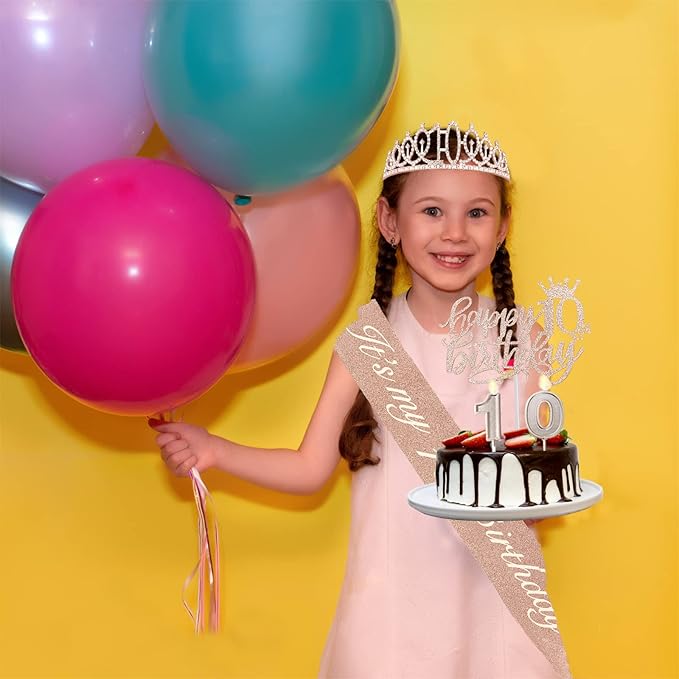 10th Birthday Decorations for Girls, Including Sash, Crown/Tiara, Cake Topper. - Image 3