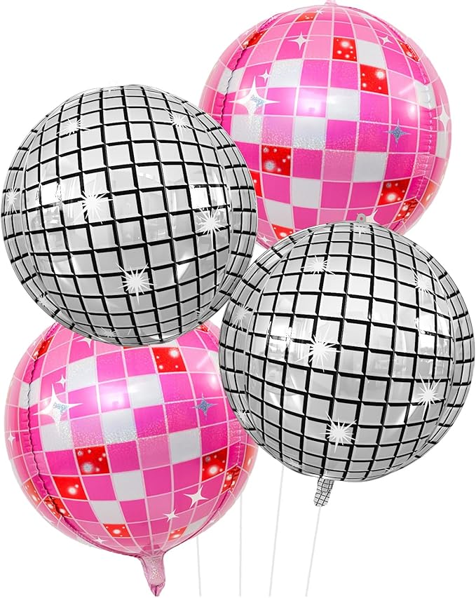Disco Ball Balloons Pink Silver 4PC, Foil Disco Balloons 22 Inch 4D Round Pink by Cledeco
