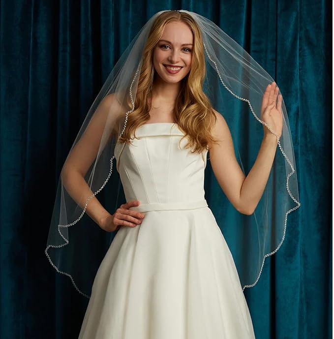 Bridal Veils Pearls and Crystals Beaded Edge Fingertip Length Wedding Veil - Image 2