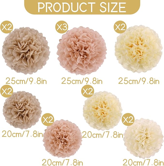 EASY JOY Boho Tissue Pom Poms Paper Flowers Hanging Decorations Brown Beige - Image 2