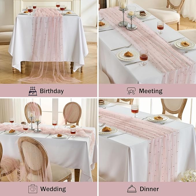 Fanami 3 Pack Pearl Table Runner -10FT Dusty Pink Boho Tulle Table Runners 120 - Image 6