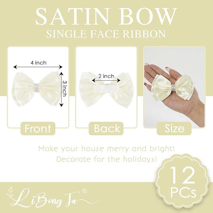 Ivory Satin Bows 4'' Premade Ivory Ribbon Bows, Gift Bows - Image 2