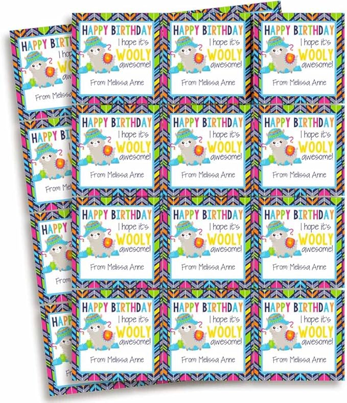 Custom & Personalized Wooly Awesome Alpaca Happy Birthday Gift Tag Sticker - Image 2