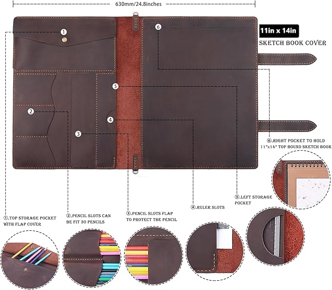 Robrasim Handmade Leather Sketchbook Cover, Artist Sketch Pad Holder - Image 2