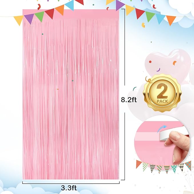 2Pack Pastel Pink Metallic Tinsel Foil Fringe Curtains, 3.3 X 8.3ft Pink Party - Image 4