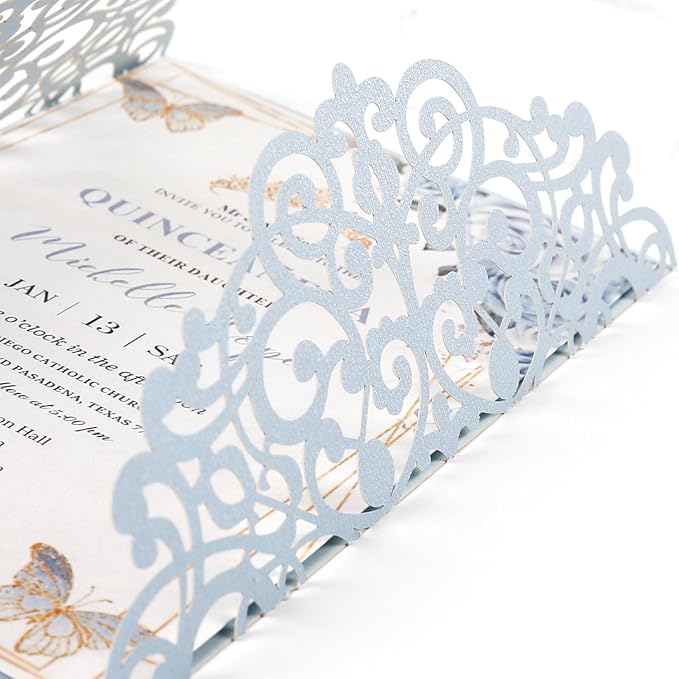 50pcs Laser Cut Wedding Invitation Pockets 5x7 '' Dusty Blue Wedding - Image 6