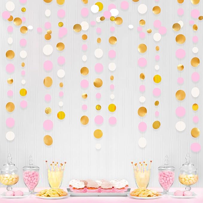 Gold and Pink Party Decorations Circle Dots Garland Metallic Gold Light Pink by pinkblume