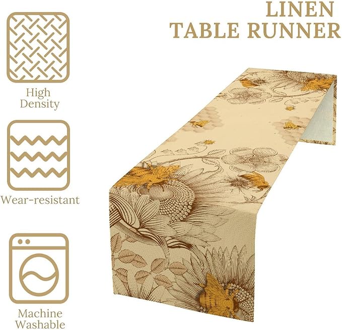 Vintage Bee Table Runner, Rustic Retro Wildflowers Print Home Farmhouse Table - Image 3