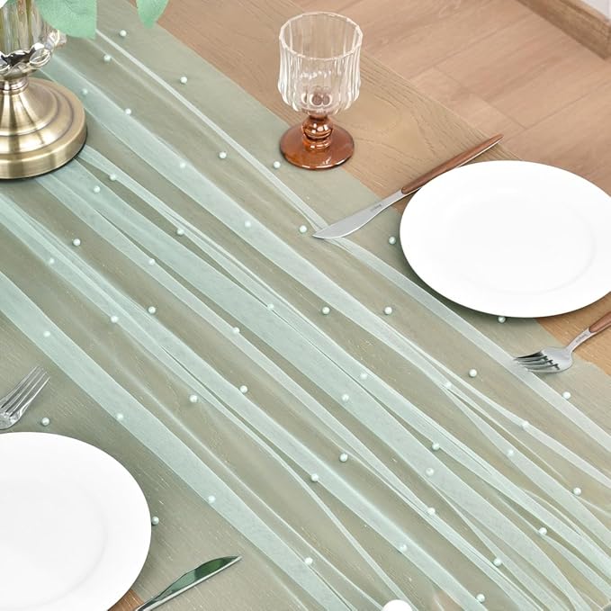 Joanlody Fall Pearl Table Runner 10ft Rustic Boho Tulle Table Runner - Image 4