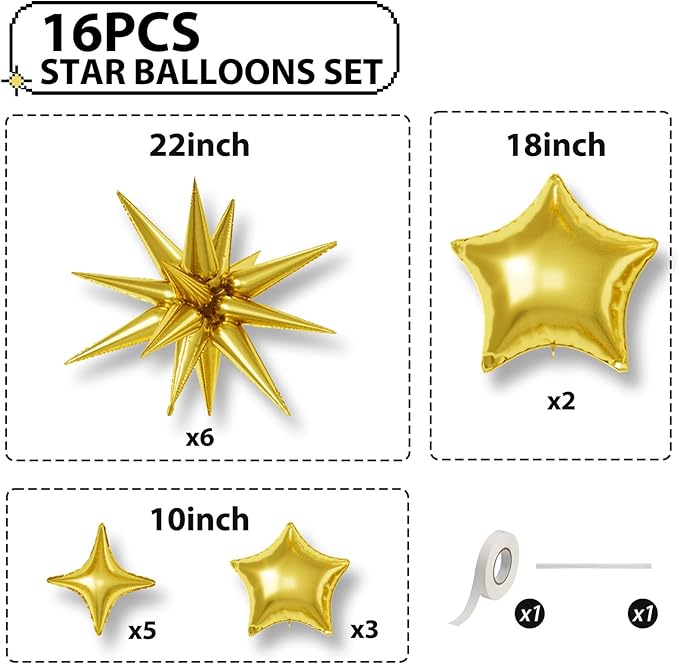 16 Pcs Gold Star Balloons, 22/18/10 Inch Foil Balloons, Four-Pointed Balloon - Image 2