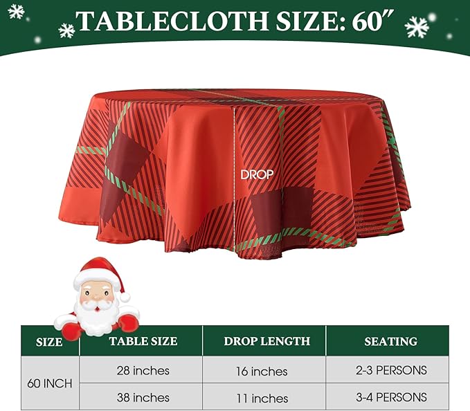 Christmas Tablecloth Round 60 Inch Waterproof, Machine Washable Checkered - Image 2