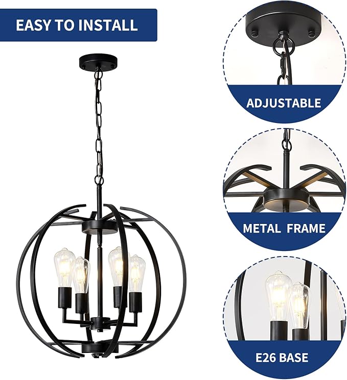 Large Lantern Globe Black Chandelier Lighting, Farmhouse Chandelier Adjustable - Image 7