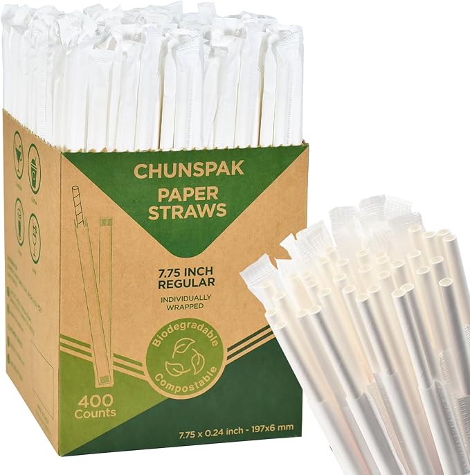 7.75 Inch Disposable Paper Drinking Straws Bulk Individually Wrapped, 0.24" Dia. by chunspak