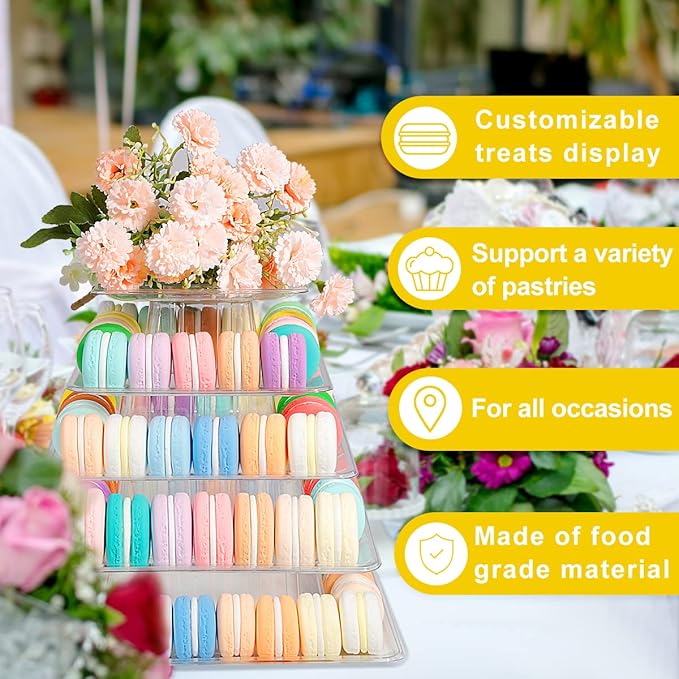 5 Tiers Square Macaron Tower Stand, Plastic Transparent Cake Stand Macaroon - Image 2