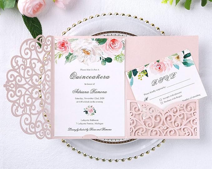 PONATIA 5.12 x 7.2 Inches 20PCS Tri-Fold Laser Cut Wedding Invitation Pocket - Image 3