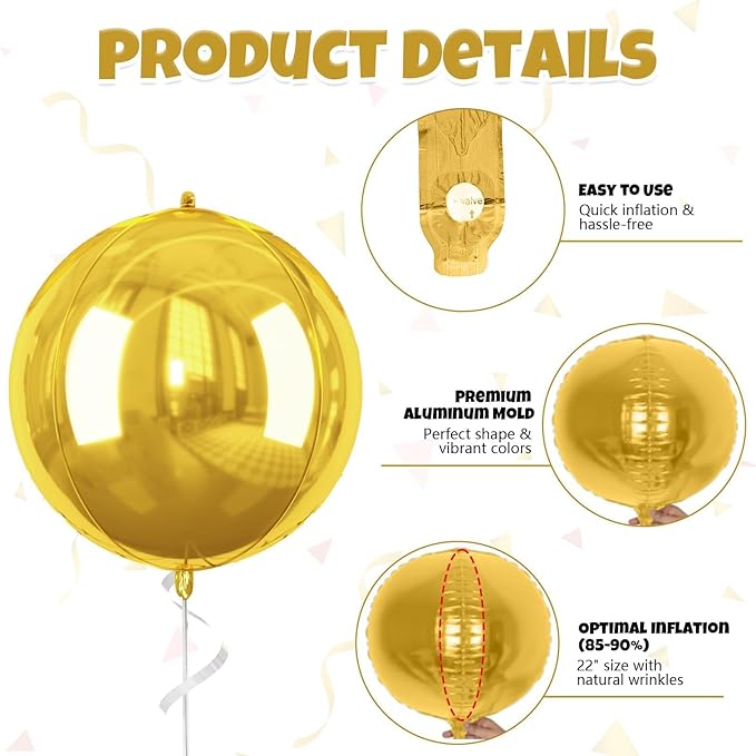 Gold Giant 4D Foil Balloons, Saxuxu 6Pcs Large Metallic Gold Round Balloons - Image 4