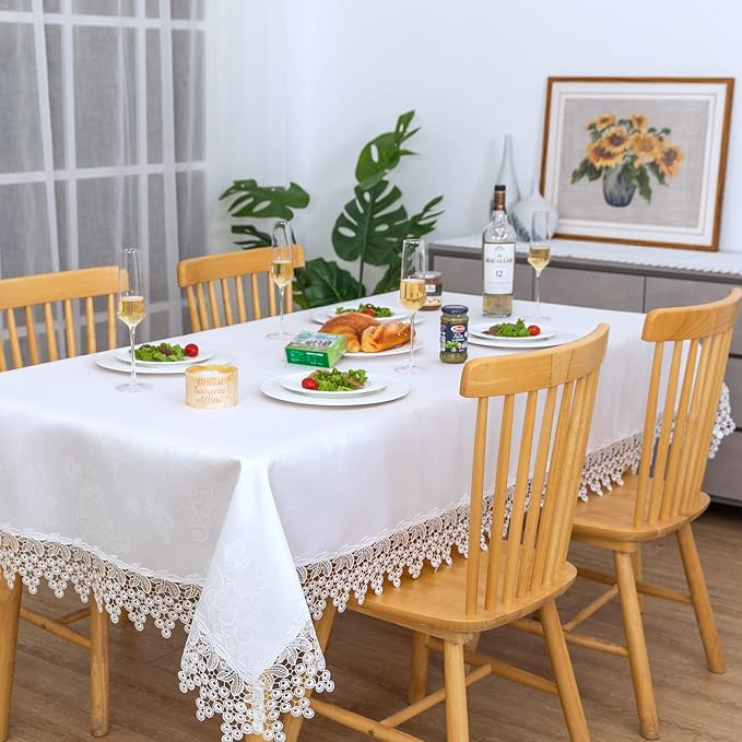 White lace Premium Rectangle Farmhouse Tablecloth Waterproof OilProof by BrekSdat