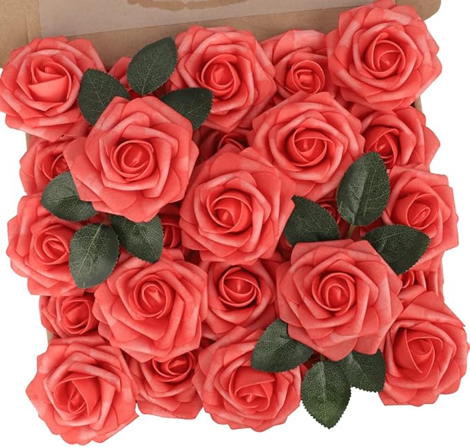 N&T NIETING Artificial Flowers 25pcs Real Looking Coral Foam Fake Roses by NTNIETING