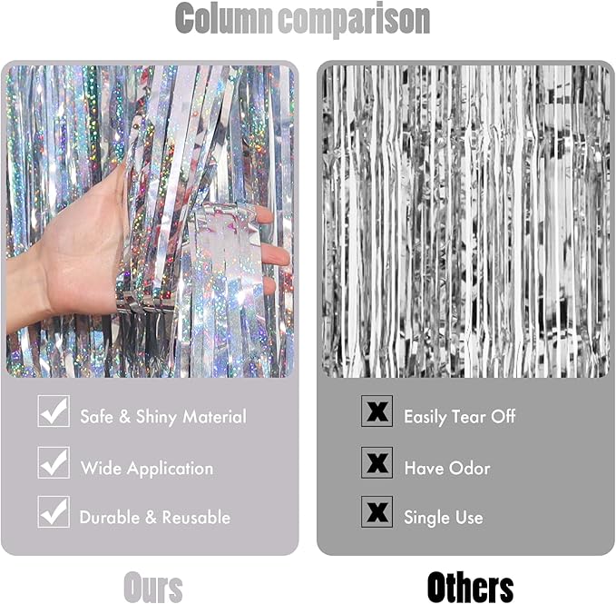 CANREVEL 2 Pack 3.3x8.2 Feet Laser Silver Foil Fringe Backdrop Curtains - Image 2