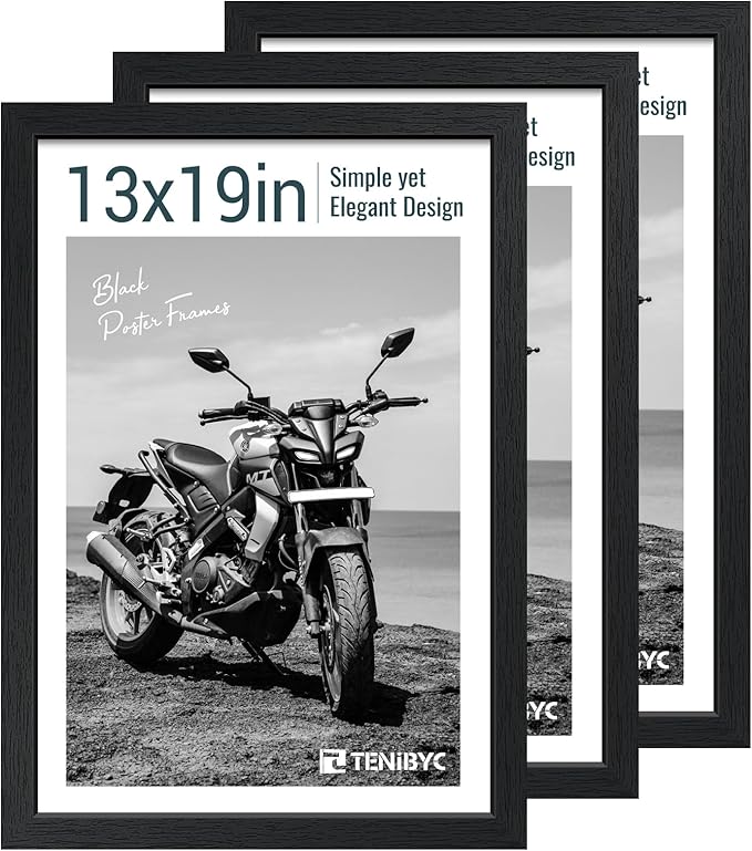 13x19 Picture Frame 3 pk, Textured Black Solid Wood Poster Frame, HD Tempered by TENiBYC