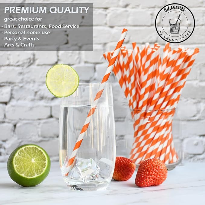 Chunspak Orange/White Striped Paper Drinking Straws Bulk - Image 3