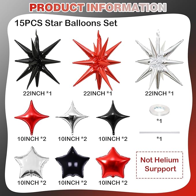 Star Balloons, 22in Red Black and Silver Star Balloons Foil 10in 4-Pointed & - Image 2